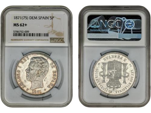AMADEO I. 5 Pesetas. 1871 (*18-75). D.E.-M. Encapsulada por 