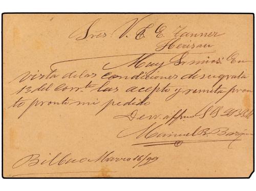 ✉ ESPAÑA. Ed. 27. 1899. BILBAO a SUIZA. 10 cts. castaño, mat