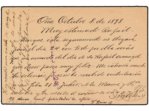 ✉ ESPAÑA. Ed. 27. 1898. OÑA a MÉXICO. 10 cts. castaño, mat. 