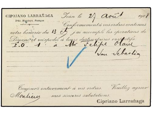 ✉ ESPAÑA. Ed. 47. 1908. IRUN a VIENA. 10 cts. naranja, mat. 