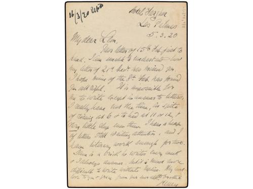 ✉ ESPAÑA. Ed. 53. 1920. LAS PALMAS a INGLATERRA. 10 cts. nar