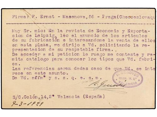 ✉ ESPAÑA. Ed. 57. 1929. VALENCIA a PRAGA. 15 cts. lila con f