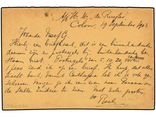 ✉ PANAMA. Sc. 15, 16. 1903. COLON a HOLANDA. Entero postal d