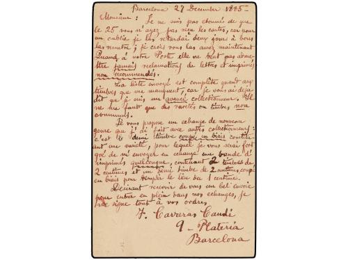 ✉ ESPAÑA. Ed. 13. 1885. BARCELONA a FRANCIA. 5 cts. verde co