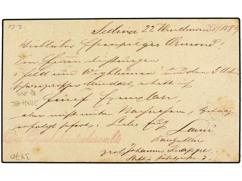 ✉ SUIZA. 1889. STETTIN a NEUCHATEL. Card franked with 5 pf. 