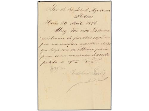 ✉ ESPAÑA. Ed. 8. 1876. HARO a REUS. 5 cts. azul. Mat. A de H