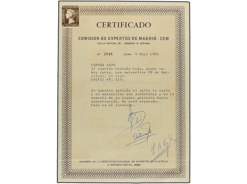 ✉ ESPAÑA. Ed. 113. 1870. BARCELONA a FRANCIA. 12 cuartos cas