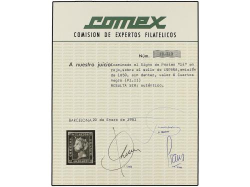 ° ESPAÑA. Ed. 1. 6 cuartos negro, pl. I tipo 14. Mat. "14" e