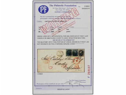 ✉ ESTADOS UNIDOS. 1868. NEW YORK to CÁDIZ (Spain). 10 cts. g