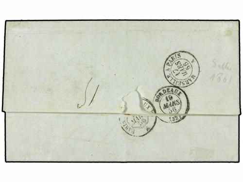 ✉ INDIA FRANCESA. 1856. PONDICHERY a FRANCIA. Fechador BUREA