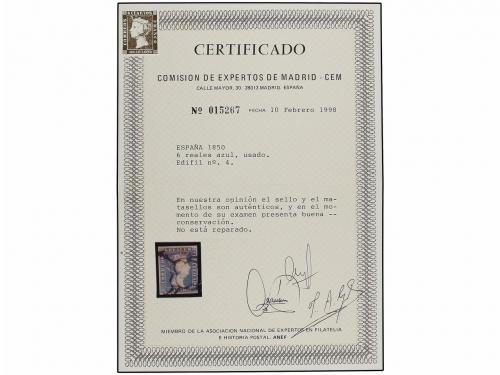 ° ESPAÑA. Ed. 4. 6 reales azul. Muy bonito ejemplar. Cert. C