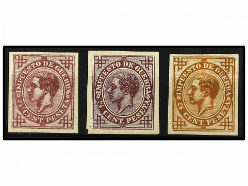 * ESPAÑA. Ed. 183. 5 cts. lila, 5 cts. ocre y 5 cts. lila ro