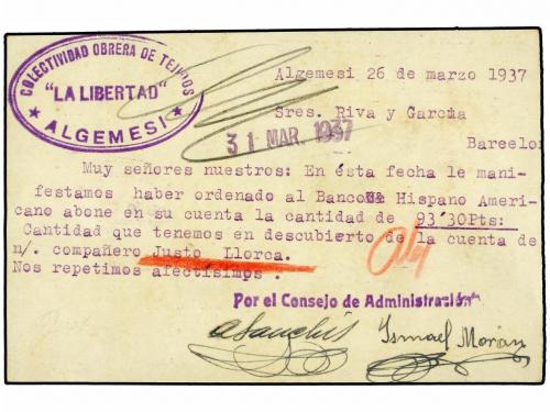 ✉ ESPAÑA GUERRA CIVIL. 1937. ALGEMESI a BARCELONA. Entero Po