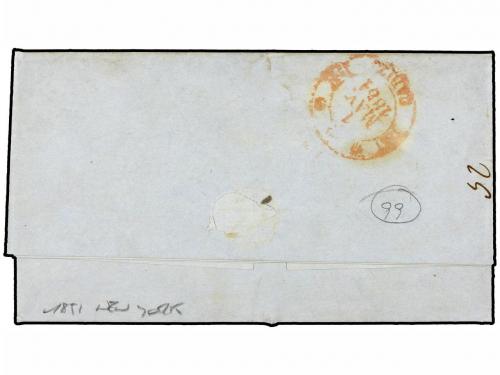 ✉ ESPAÑA: PREFILATELIA. 1853. NEW YORK a CÁDIZ. Marca lineal
