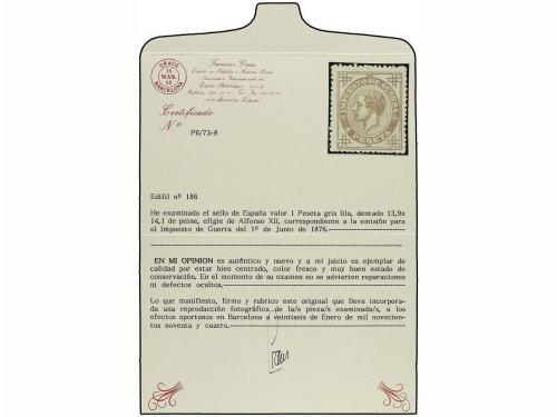 (*) ESPAÑA. Ed. 186. 1 pta. gris. PIEZA DE LUJO. Cert. GRAUS