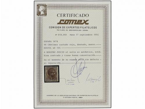 * ESPAÑA. Ed. 195. 40 cts. castaño rojo. PIEZA DE LUJO. Cert