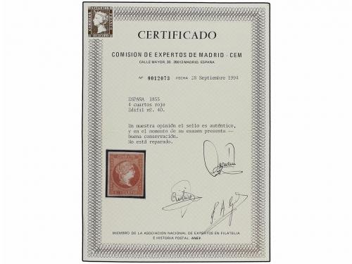 * ESPAÑA. Ed. 40. 4 cuartos rojo. PIEZA DE LUJO. Cert. CEM. 