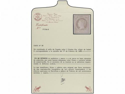 * ESPAÑA. Ed. 56. 2 reales lila. PIEZA DE LUJO. Cert. GRAUS.