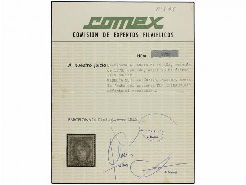 * ESPAÑA. Ed. 106. 25 mils. lila. Muy bonito ejemplar. Cert.