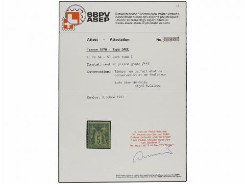 ** FRANCIA. Yv. 64. 1876-78. 5 cts. verde. Goma original. Mu