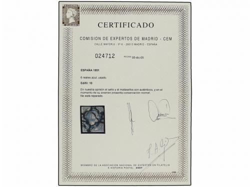 ° ESPAÑA. Ed. 10. 6 reales azul. Bonito ejemplar. Cert. CEM.