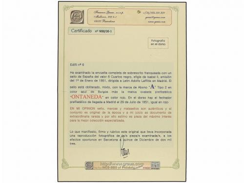 ✉ ESPAÑA. Ed. 6. 1851. Envuelta circulada a MADRID. 6 cuarto