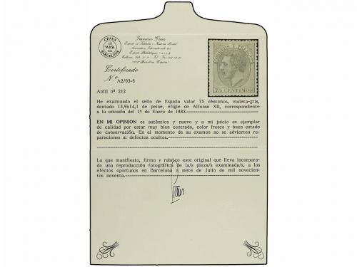* ESPAÑA. Ed. 212. 75 cts. gris. PIEZA DE LUJO. Cert. GRAUS.