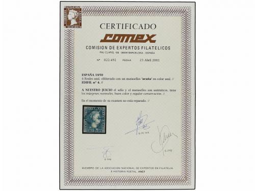 ° ESPAÑA. Ed. 4. 6 reales azul. Mat. ARAÑA AZUL. Bonito ejem