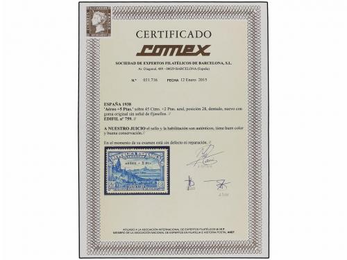** ESPAÑA. Ed. 759. Aéreo + 5 pts. azul. Muy bonito ejemplar