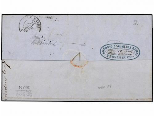 ✉ BRASIL. 1862. MARANAO a FRANCIA. Circulada vía Pernambuco 