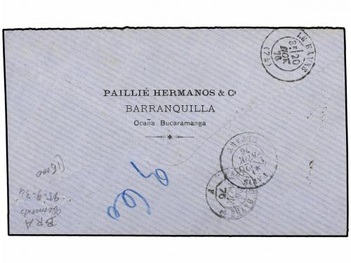 ✉ COLOMBIA. 1876. BARRANQUILLA a FRANCIA. Fechador octogonal