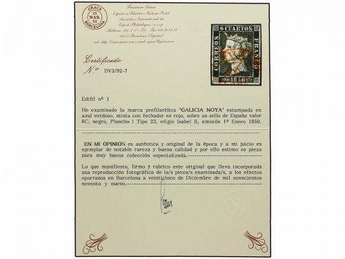 ° ESPAÑA. Ed. 1. 6 cuartos negro, pl. I, mat. fechador de SA