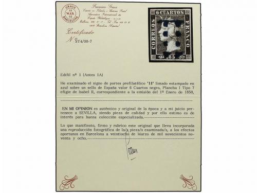 ° ESPAÑA. Ed. 1. 6 cuartos negro, pl I. Mat. 11 LIMADO DE SE