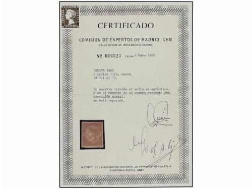 * ESPAÑA. Ed. 73. 2 reales lila. MAGNÍFICO EJEMPLAR. Cert. C