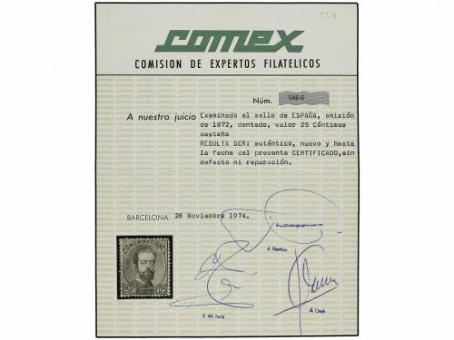 * ESPAÑA. Ed. 124. 25 cts. castaño. PIEZA DE LUJO. Cert. COM