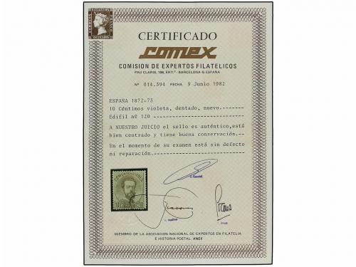 * ESPAÑA. Ed. 120. 10 cts. lila. PIEZA DE LUJO. Cert. COMEX.