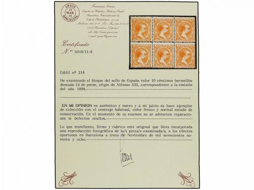 **/* ESPAÑA. Ed. 218 (6). 10 cts. bermellón. Bloque de seis.