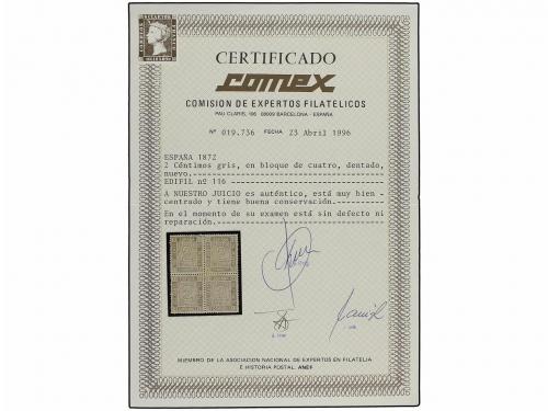 ** ESPAÑA. Ed. 116. 2 cts. gris. Bloque de cuatro. LUJO. Cer