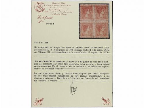 * ESPAÑA. Ed. 166. 25 cts. rosa. Bloque de cuatro. Excelente