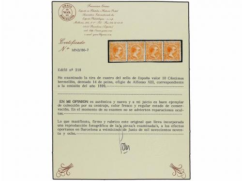 ** ESPAÑA. Ed. 218. 10 cts. bermellón. Tira de cuatro. Leve 