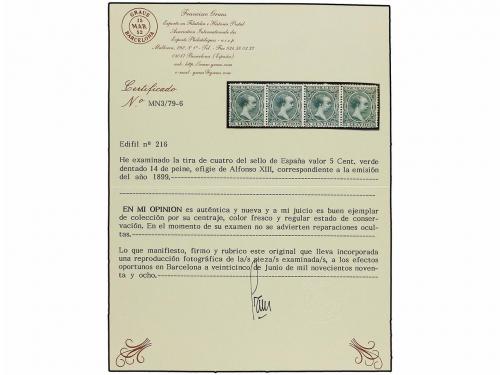 ** ESPAÑA. Ed. 216. 5 cts.verde. Tira de cuatro. Excelente c