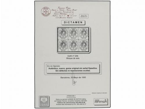 ** ESPAÑA. Ed. 268 (6). 5 cts. verde. Bloque de seis. Excele