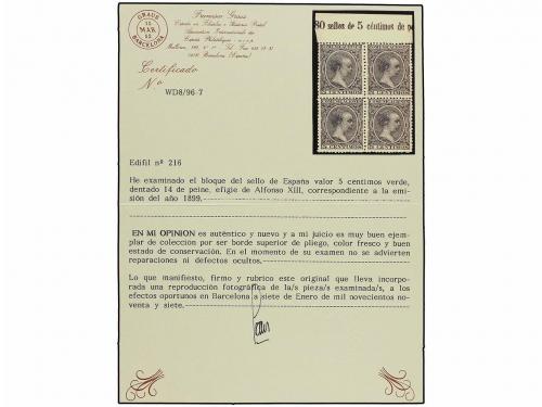 * ESPAÑA. Ed. 216 (4). 5 cts. verde. Bloque de cuatro. Borde