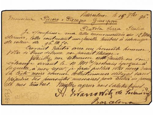 ✉ ESPAÑA ENTEROS POSTALES. Ed. 29. 1896. BARCELONA a ITALIA.