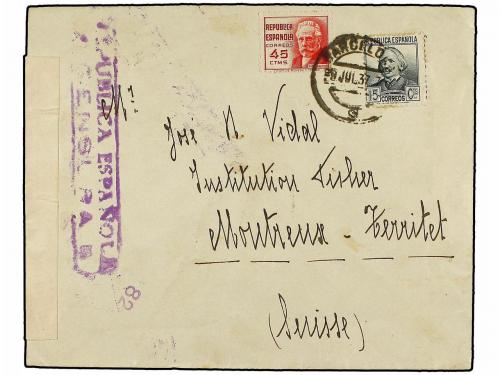 ✉ ESPAÑA GUERRA CIVIL. 1937. BARCELONA a SUIZA. 15 cts. y 45