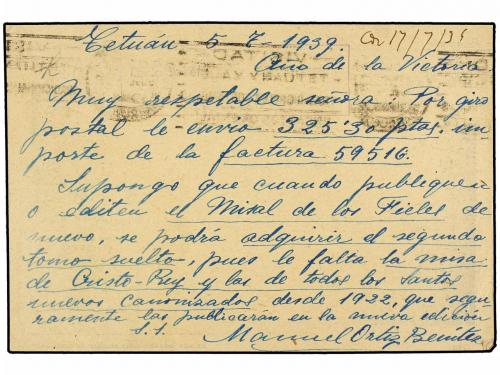 ✉ COLONIAS ESPAÑOLAS: MARRUECOS. Ed. Ent. 28. 1939. TETUAN a