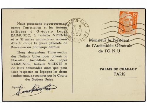 ✉ ESPAÑA GUERRA CIVIL. 1952. TARJETA POSTAL ANTIFRANQUISTA e