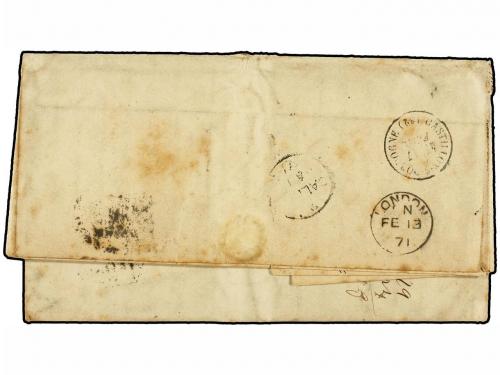 ✉ PERU. 1871. ARICA a FRANCIA. 1 dinero verde (2) circulada 