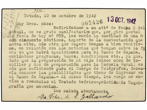 ✉ MARRUECOS. Ed. Ent. 34. 1942. TETUAN a MADRID. 20 cts. azu