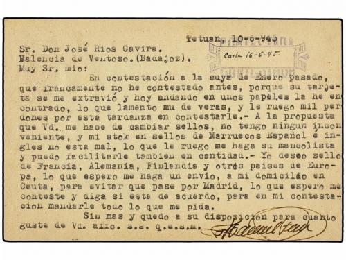 ✉ MARRUECOS. Ed. Ent. 47. 1945. TETUAN a VALENCIA. 20+5 cts.